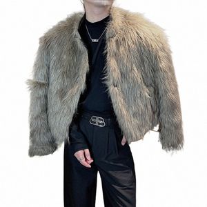 Korean FI Winter Faux Pälsjacka för män förtjockad varm läderpäls Integrerad jacka Casual Social Overcoat Men Clothing K7zk#