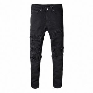 Sokotoo masculino preto patchwork estiramento jeans motociclista para motocicleta slim fit skinny rasgado lápis calças P5j1 #