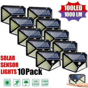 10PCS 100 LEDソーラーウォールランプ4サイドモーションセンサー付き屋外庭園中庭の防水壁光