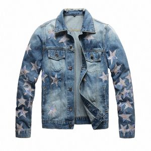 Men Stars Patch Denim Kurtka streetwear Slim Fit Blue Catt Patrzy Patchwork Owezyjna odzież T9OB#