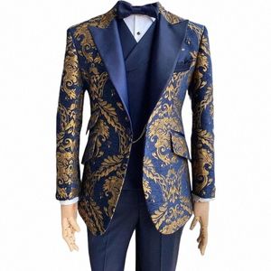 floral Suits for Men Wedding Slim Fit Navy Blue and Gold Jacquard Gentleman Tuxedo Jacket with Vest Pant 3 Pcs In Stock G0t9#