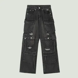 Męskie dżinsy streetwearowe dziura w lupgy dżinsowe spodnie męskie hop hop harajuku punk wiele kieszeni ładunek proste spodnie męskie luźne joggery