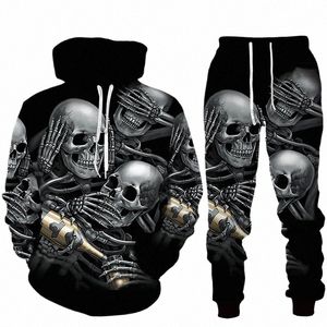 Autunno Inverno Felpe con cappuccio Lg Pantaloni Set Skull 3D stampato Tute da uomo Casual Sweirt Pullover 2 pezzi Set Fi Man Abiti n5Yl #
