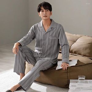 Mäns sömnkläder Autumn och Winter Polo Neck Pyjamas Pure Cotton Striped Long Sleeved Pants Simple Casual Plus Size Home Suit Set Male