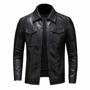 JUMPSNOW Herrmotorcykelskinnjacka stor storlek Ficka svart dragkedja LAPEL Slim Fit Male Spring Autumn High Quality Pu Coat P0K0#