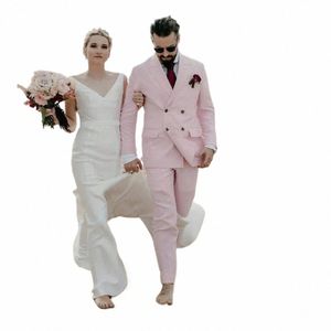 Wedding Men Suits Slim Fit Double Breasted Beach Groom Tuxedos Dwa kawałki szczytowe płaszcze lapowe blezery z spodniami 30ng#