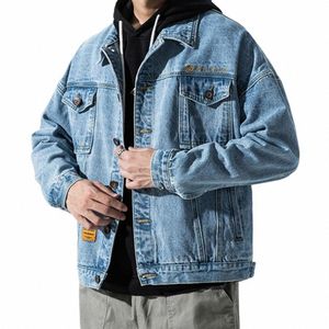 Männer Blau Denim Jacke Einfarbig Taschen Oberbekleidung Koreanische Stil Einreiher Jeans Männliche Marke Kleidung Streetwear 60Dr #