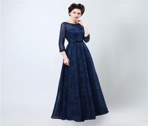 Sexig lång kvällsklänning Vestidos Longos Para Formatura Dark Blue Elegant Lace Prom -klänningar med ärm 7401840