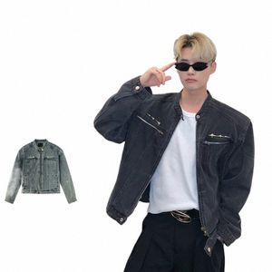 Vintage denimjacka män high street kort baggy cowboy kappa ons distrikt crewneck zip-up toppar vår casual last outwear 6656#