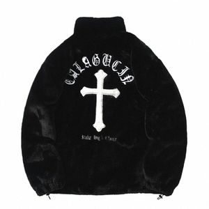 men Rabbit Fur Jacket Coats Hip Hop Cross Letters Winter Fleece Jacket Streetwear Casual Harajuku Coat Zip Up Fi Outerwear Y7Gq#