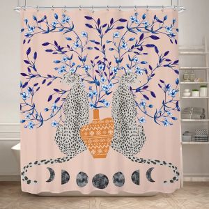 Tende Tenda da doccia Boho Cheetah, Tenda da bagno con fauna selvatica leopardata tropicale, Tenda da bagno floreale blu con fasi lunari estetica moderna rosa