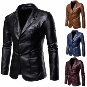 2024 Men's Leather Suits Jackets Blazers Slim Fi Male PU Leather Overcoats Blazers Jackets Coats Oversized Leather Jacket 65w2#