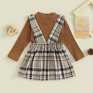 衣類セット幼児の女の赤ちゃん秋の冬の服ロングスリーブニット模擬ネックシャツトップ格子縞のサスペンダースカートセット