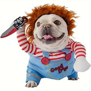 1pc Halloween Transformed Apparel and Wig, Funny Bloody Doll with Knife Dog Costume for Holiday Party Pet Supplies