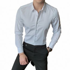 7 cores masculinas Busin Fi cor sólida camisa de manga LG estilo clássico Cott casual branco slim fit camisa roupas de escritório 829O #