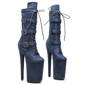 Stövlar Leecabe 23cm/9 tum Navy Suede Nightclub Stiletto Pumpar Side Zipper High Heels Women's Party Shoes 4B