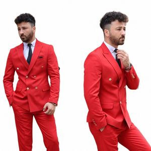 Kırmızı Erkekler Takım 2 Parçalı Blazer Pantolon Çift Kelime Kruvaze Tepeli Yaku Busin İnce İş Giyim Düğün Damat Kişisel Kostüm Homme T8SP#
