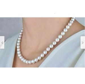 Najlepsza ocena aaaa japońska Akoya 8-9 mm biały naszyjnik perłowy 18 14K złoty klamr