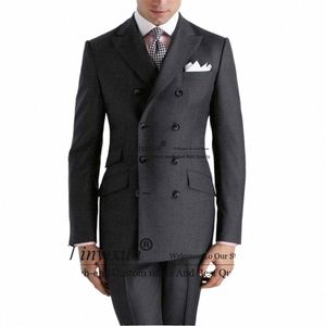 fi siyah erkek takım elbise ince fit resmi Busin Blazer çift göğüslü düğün damat smokin 2 adet ceket pantolon kostüm homme r1vf#