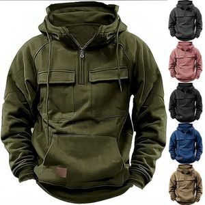 Meia zíper masculino tático hoodies sólido quente velo militar moletom multi bolsos masculino jaquetas com capuz grosso ao ar livre polar 240315