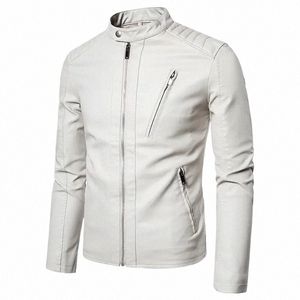 Spring Autumn Men's MotorCycle Läderjacka Solid Stand Collar Jackets FI Casual Trend White Windproof Coat Streetwear U6E4#