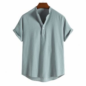 men Summer Printed Top Shirt Collar Cott And Linen Fi Tops Casual Loose Short Sleeved Shirt Blouse For Man c9ZM#