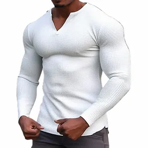 2023 Spring och Autumn Men's Casual Waffle T-shirt Kläder Fitn Muscle T-shirt LG Sleeve Solid V-Neck Basic Dreating Top H3IL#