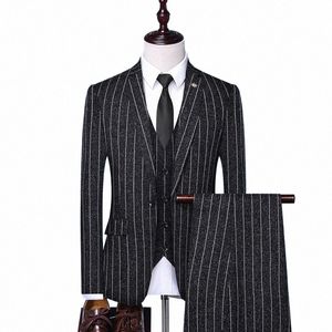 Män passar blazer+Vest+Pant Black Grey One Butt Stripe Wedding Dr Banket Busin Elegant Slim Fit Jacket Male 3 Piece Set 14lf#