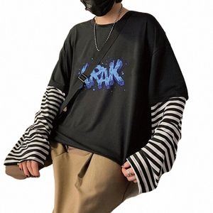 Enkel Fi Letter Patchwork Tshirts för män harajuku trendig populära doodle-stil tryckta t-shirts Spring lg ärmar tees y3jd#