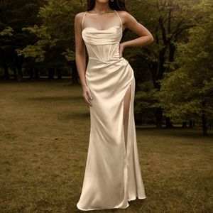 Casual Dresses Women Sexy Satin Corset Maxi Dress Silky Strap Push Up Fishbone Ruched Evening Party Long Elegant