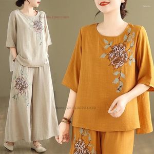 Ethnic Clothing 2024 Traditional Chinese Vintage Set Meditation Service Hanfu Suit National Flower Embroidery Cotton Linen Tops Pants