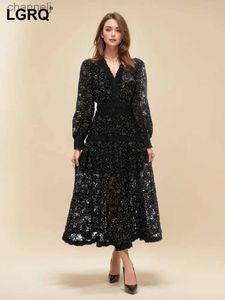 Urban Sexy Dresses LGRQ Fashion Hollow Out Brodery Spliced ​​Dress Lantern Black Big Swing Women Lace Party Evening Spring 2024 New YQ240327