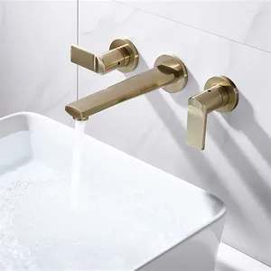 Krany zlewu łazienkowego szczotkowane złoto basen kran szeroko rozpowszechniony mikser montowany na ścianie i zimne krany 2 rączki