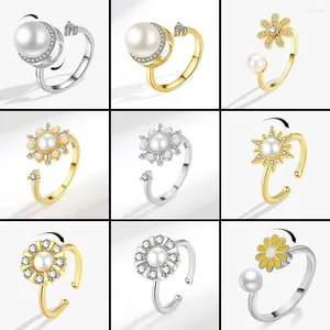 Anéis de cluster cristal e pérola ansiedade alívio girando anel para mulheres cobre metal girar livremente casamento fidget spinner anillos