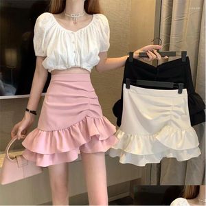 Spódnice Lucyever Irregar Ruffles krótka kobieta Koreańska moda Wysoka mini spódnica dla kobiet Czarna biała różowa Fishtail Dostawa APPUT OT2BL