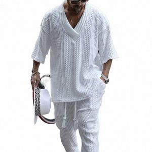 Estate degli uomini a due pezzi Set allentato mezza manica con scollo a V maglietta Lg vestito di pantaloni Fi per gli uomini vestiti streetwear casual maglia Outfit f0i2 #