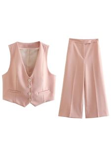 Willshela Kadın Moda İki Parçalı Set Pembe Tank Tops Düz Bacak Pantolon Vintage Vneck Tek Kesin Kelime Şık Takım 240327