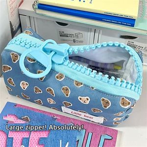 Storage Bags Bear Zipper Pencil Case Modern Male Female Students High Appearance Blue Printing With Large Capacity