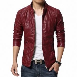 Höst- och vintern New Men's Stand Collar Slim Leather, Europe och America Stor storlek Fi Pu Läder Solid Color Jacket U7JS#