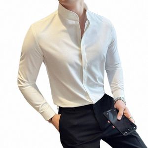 Chinesischer Stil Stehkragenhemd für Männer Einfarbig LG Sleeve Casual Busin Dr Shirts Slim Fit Social Streetwear Bluse D4wu #
