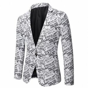 new Men's Floral Letter Casual Blazer Youth Slim Fit Fi Persalized Single Breasted Suit Jacket Stage Party Show Dr I46U#