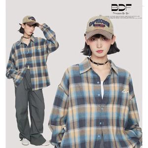 Women's Blouses Fashion Plaid Shirts Women Sweet Vintage Contrast Color Slouchy Long Sleeve KoreanStyle Y2K All-match Hipster Ladies