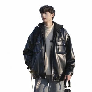 Übergroße Herren-Lederjacken, Vintage-Kapuzenjacken, Kunstledermantel, koreanischer Stil, große Taschen, Windjacke, PU-Biker-Mantel G2Nr #