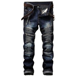 Calça jeans masculina plissada com zíper reto e slim