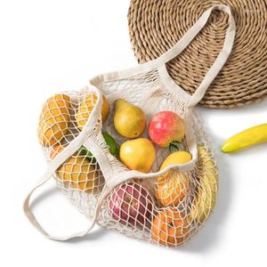 Sacos de armazenamento portátil reutilizável mercearia para frutas saco vegetal algodão malha corda organizador bolsa alça curta net compras tote