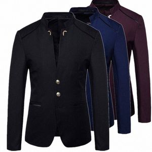 Siyah Stand Yaka Blazer Coat Erkekler Düğün Partisi Dr Jacket Fi İnce Fit Tek Bravatalı Jaqueta Donanma Şarap Kırmızı G4DH#