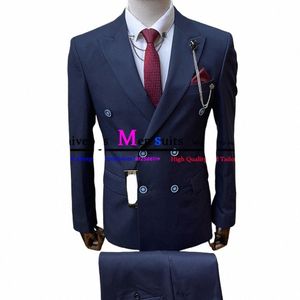 Последний костюм жениха смокинг темно-синий двубортный мужской костюм Busin 2 шт. комплект куртка брюки костюм Homme костюмы для мужчин m0Ou #