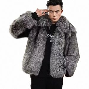 2023 Nya män Winter Faux Sier Fox Fur Coat Short Loose Cardigan Overcoat Thicken Warm Jacket Leisure Fi Outwear O9B6#