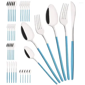 Conjuntos de louça 30/36 pçs azul prata conjunto jantar faca garfo colher talheres 18/10 talheres de aço inoxidável talheres de cozinha ocidental