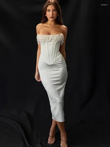 Casual Dresses Suninheart 2024 White Beading Satin Dress Women Elegant Luxury Bodycon Party Sexy Long Tight Fitting Evening